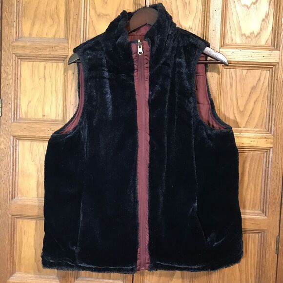 KC Collections Women’s XL Burgundy & Black Reversible Quilted Vest Faux Fur Zip - Picture 3 of 13